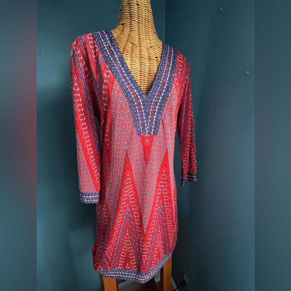 BCBG Maxazria Red Blue & White Chevron Stretchy Tunic Dress - Size Small